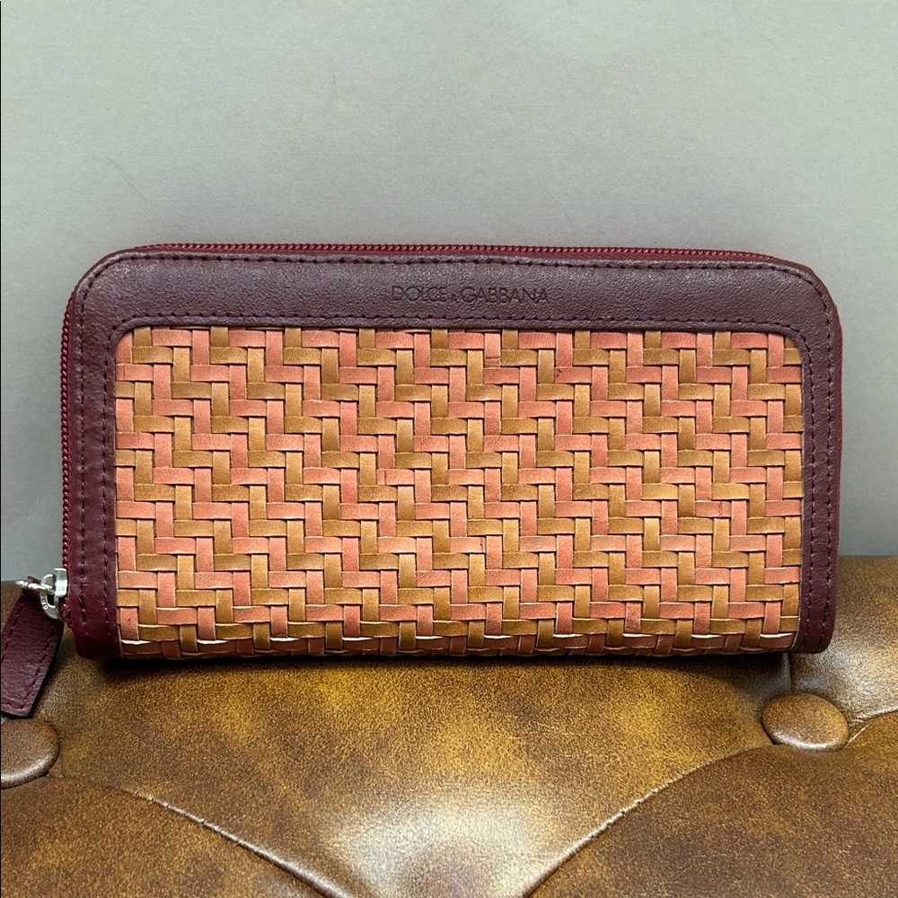 Authentic Dolce & Gabbana Burgundy and Tan Woven Wallet